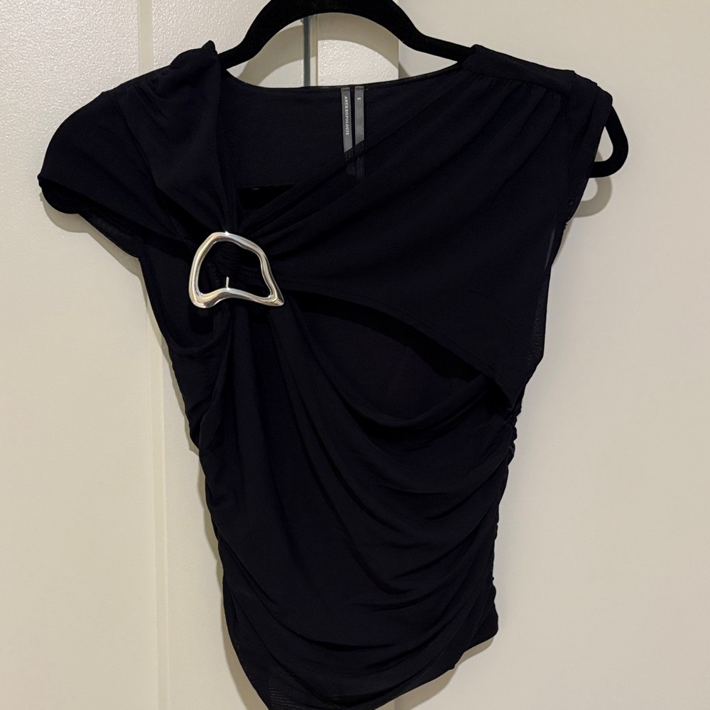 Anthropologie Black Women's Top Twist-Front Cut Out Runched with Silver Accent